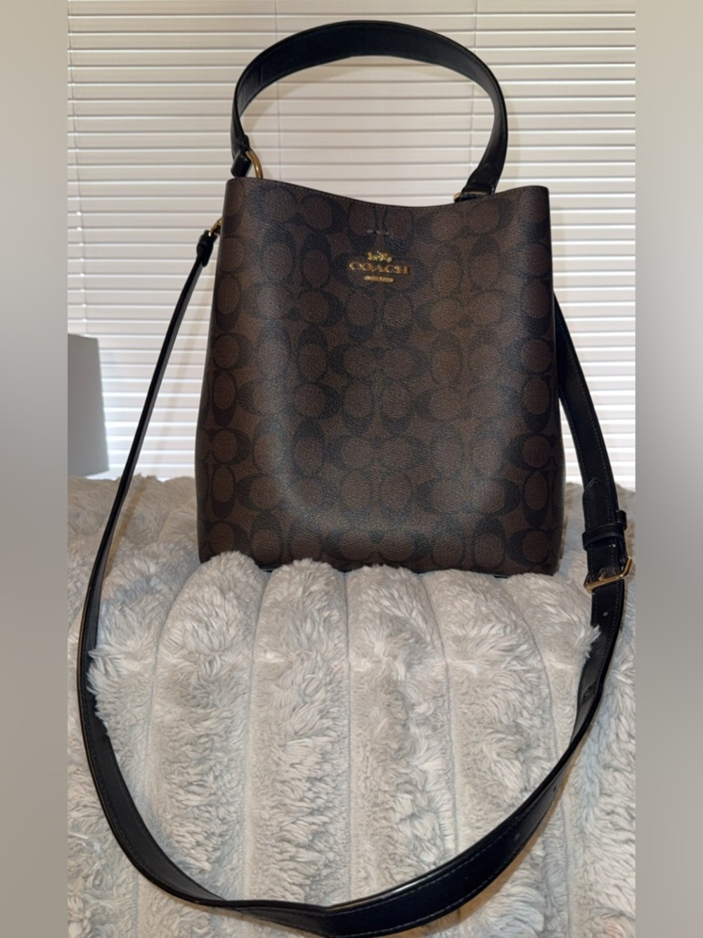 Coach Brown Signature Bucket Bag with Black Strap and Gold Logo